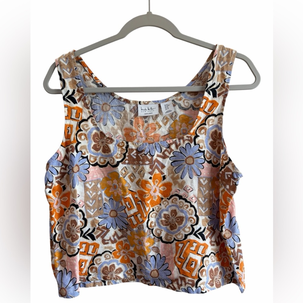 Nicole Miller 100% Linen Sleeveless Cropped Tank Size Medium Resortwear